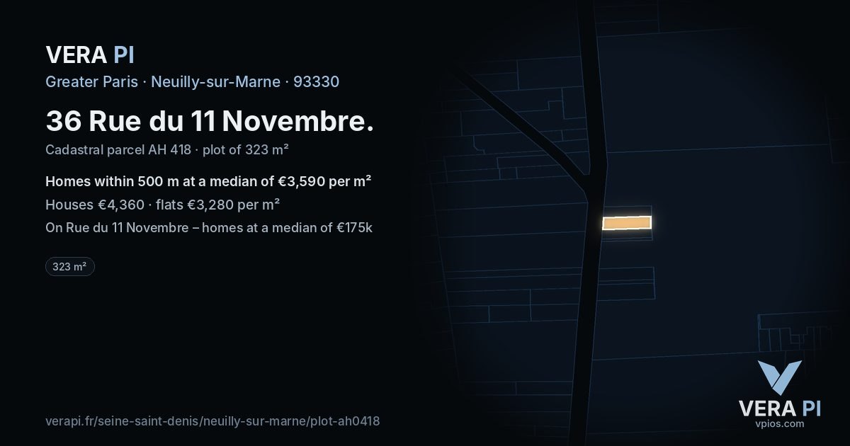 36 Rue du 11 Novembre, Neuilly-sur-Marne at night – the plot lit, the parcels around coloured by the prices near them