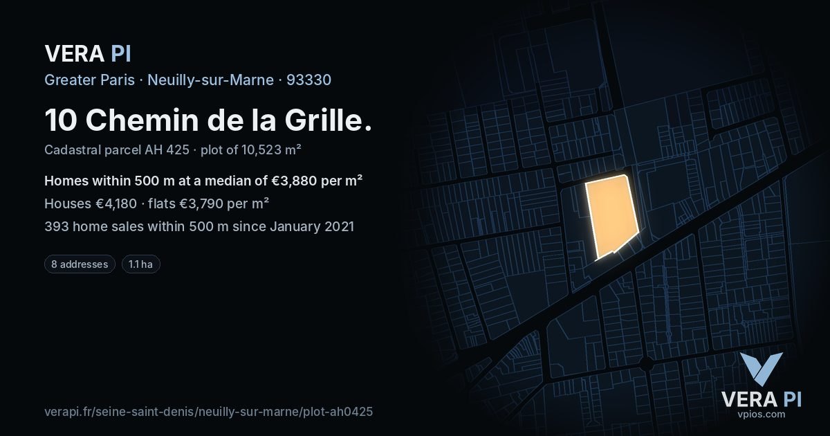 10 Chemin de la Grille, Neuilly-sur-Marne at night – the plot lit, the parcels around coloured by the prices near them