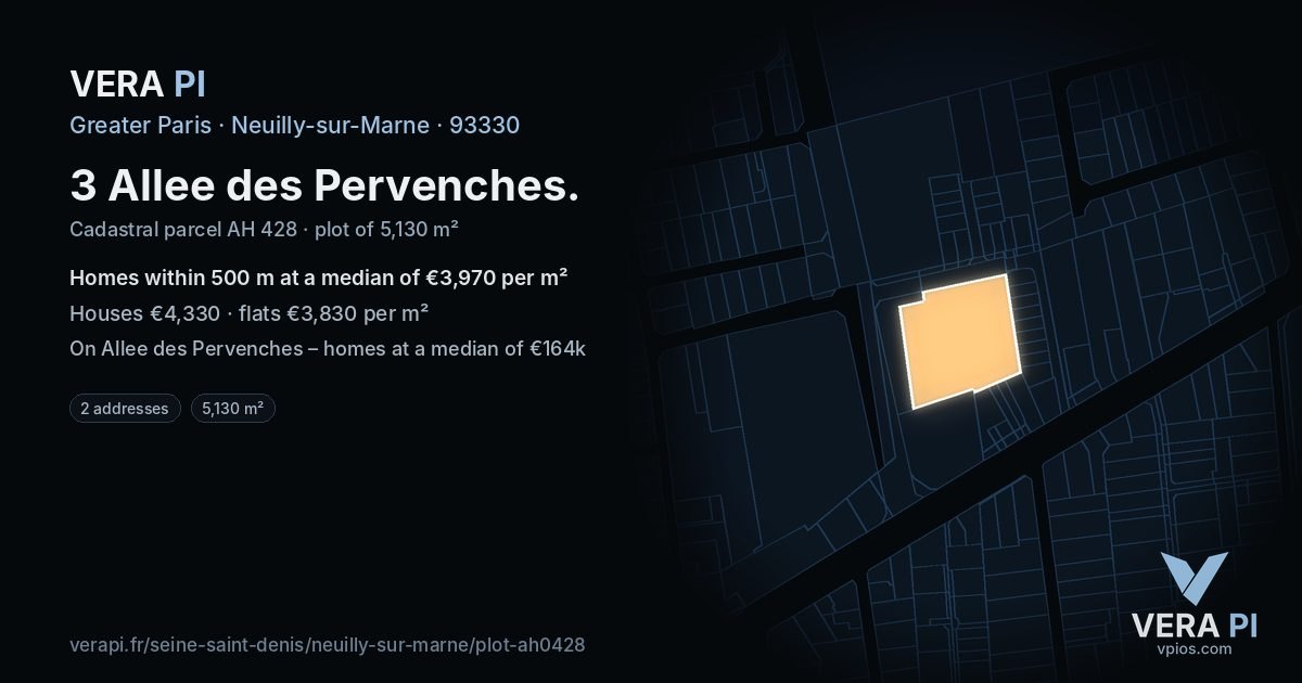 3 Allee des Pervenches, Neuilly-sur-Marne at night – the plot lit, the parcels around coloured by the prices near them
