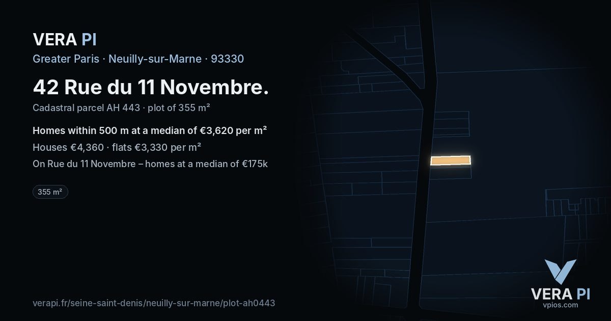 42 Rue du 11 Novembre, Neuilly-sur-Marne at night – the plot lit, the parcels around coloured by the prices near them