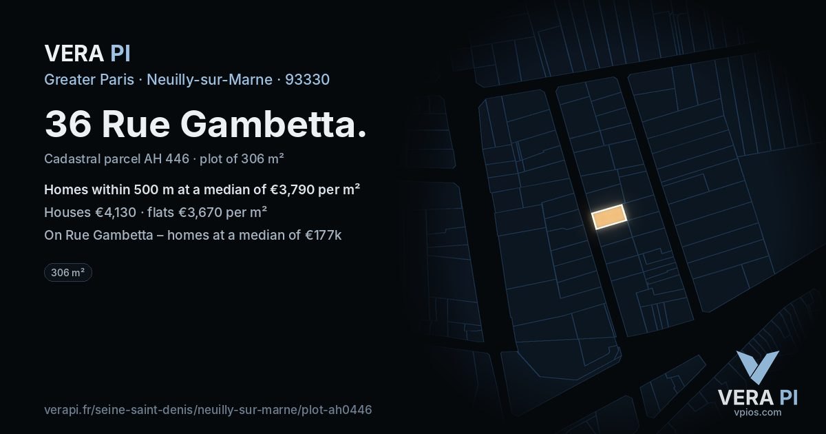 36 Rue Gambetta, Neuilly-sur-Marne at night – the plot lit, the parcels around coloured by the prices near them