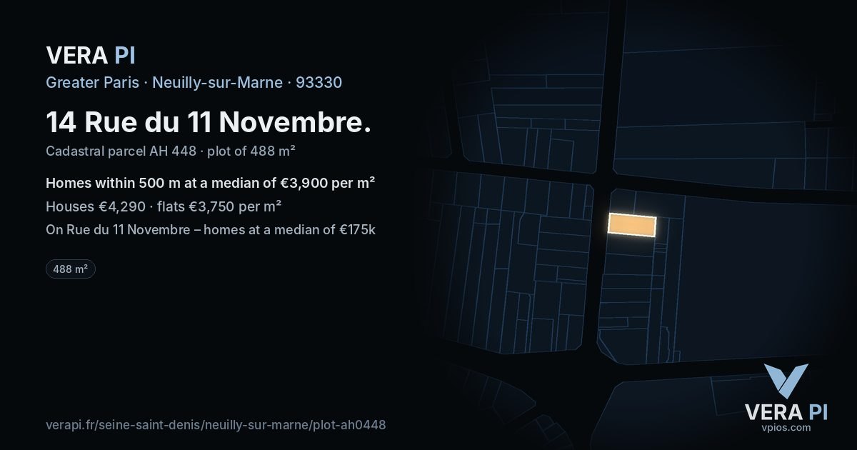 14 Rue du 11 Novembre, Neuilly-sur-Marne at night – the plot lit, the parcels around coloured by the prices near them