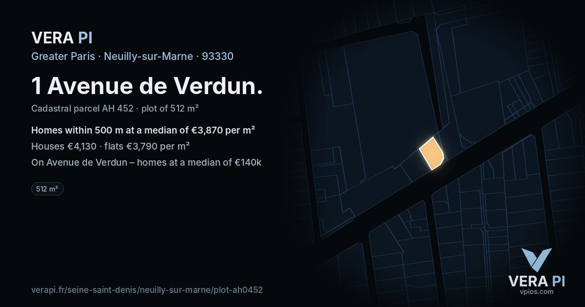 1 Avenue de Verdun, Neuilly-sur-Marne at night – the plot lit, the parcels around coloured by the prices near them