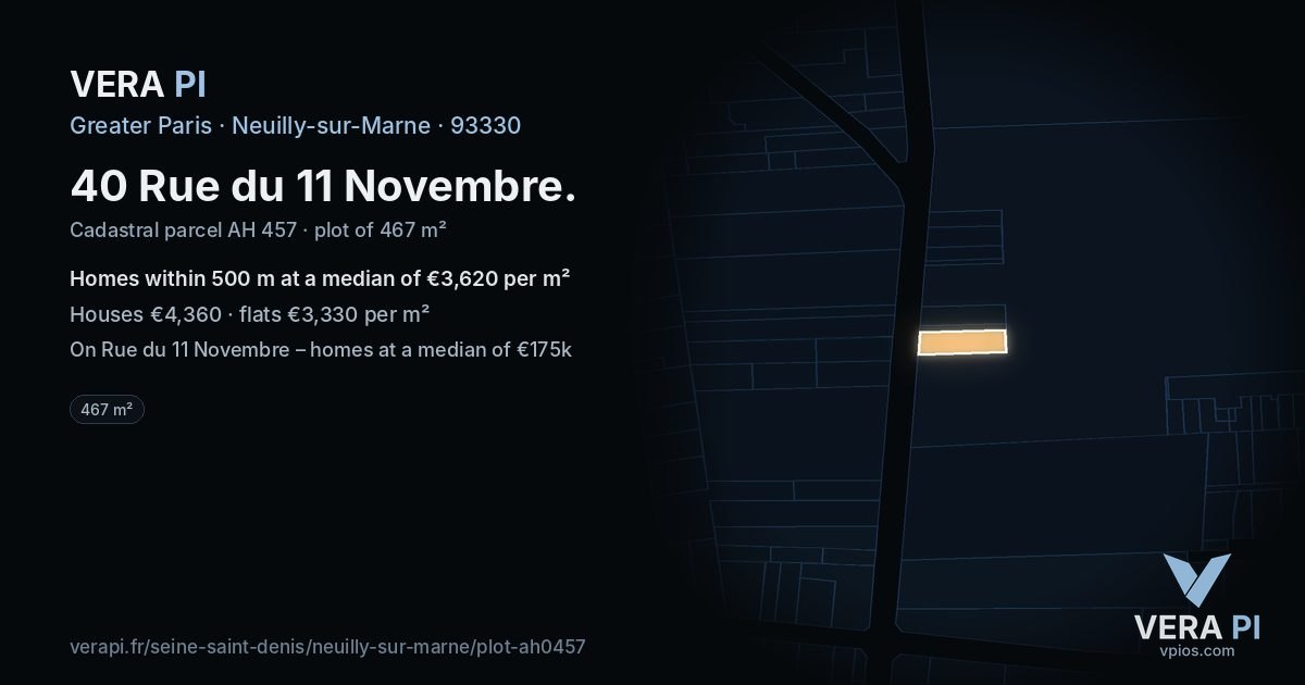 40 Rue du 11 Novembre, Neuilly-sur-Marne at night – the plot lit, the parcels around coloured by the prices near them
