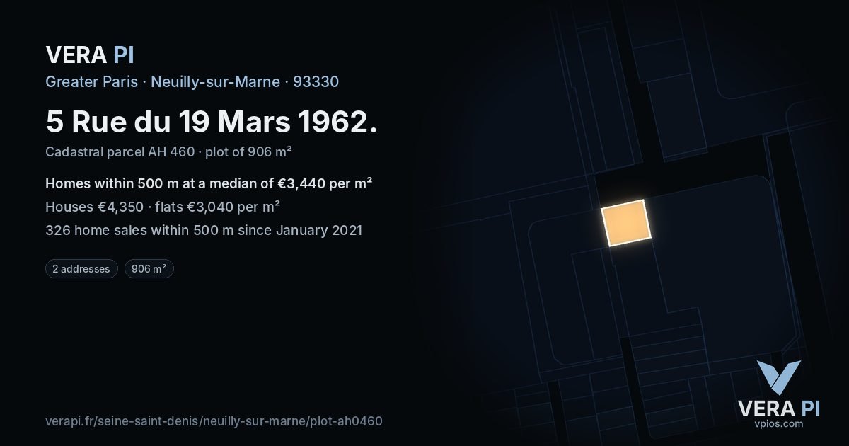 5 Rue du 19 Mars 1962, Neuilly-sur-Marne at night – the plot lit, the parcels around coloured by the prices near them