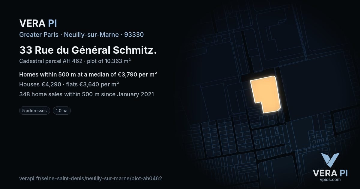 33 Rue du Général Schmitz, Neuilly-sur-Marne at night – the plot lit, the parcels around coloured by the prices near them