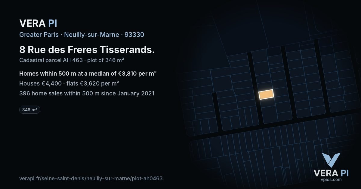 8 Rue des Freres Tisserands, Neuilly-sur-Marne at night – the plot lit, the parcels around coloured by the prices near them