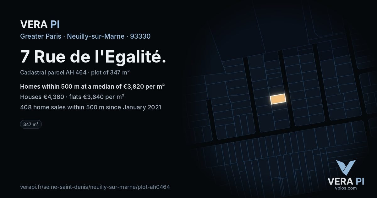 7 Rue de l'Egalité, Neuilly-sur-Marne at night – the plot lit, the parcels around coloured by the prices near them