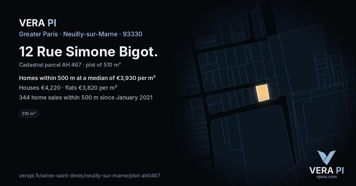 12 Rue Simone Bigot, Neuilly-sur-Marne at night – the plot lit, the parcels around coloured by the prices near them
