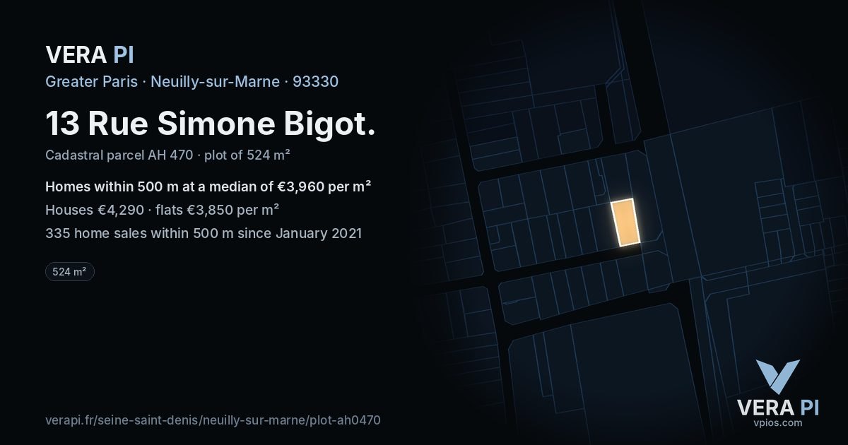 13 Rue Simone Bigot, Neuilly-sur-Marne at night – the plot lit, the parcels around coloured by the prices near them