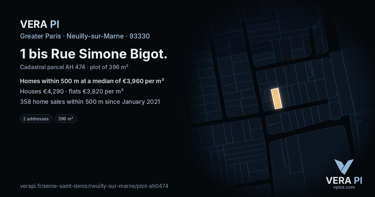 1 bis Rue Simone Bigot, Neuilly-sur-Marne at night – the plot lit, the parcels around coloured by the prices near them