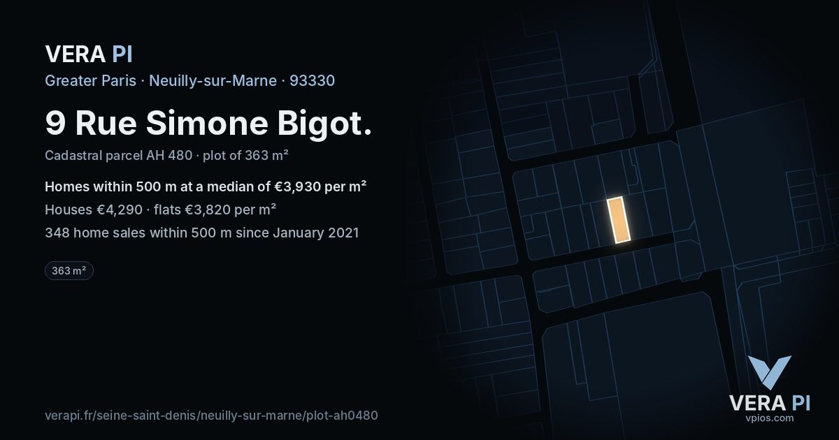 9 Rue Simone Bigot, Neuilly-sur-Marne at night – the plot lit, the parcels around coloured by the prices near them