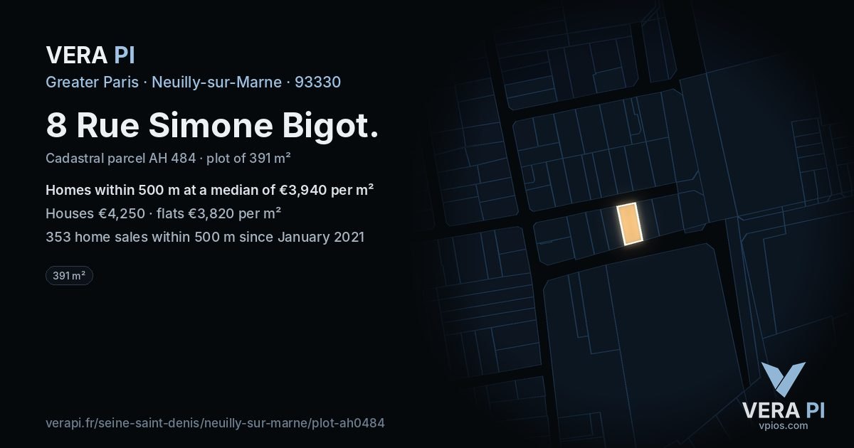 8 Rue Simone Bigot, Neuilly-sur-Marne at night – the plot lit, the parcels around coloured by the prices near them