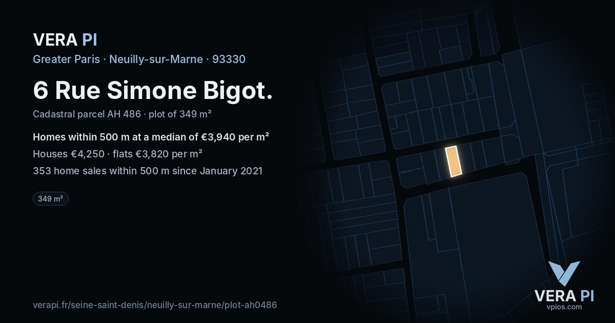 6 Rue Simone Bigot, Neuilly-sur-Marne at night – the plot lit, the parcels around coloured by the prices near them