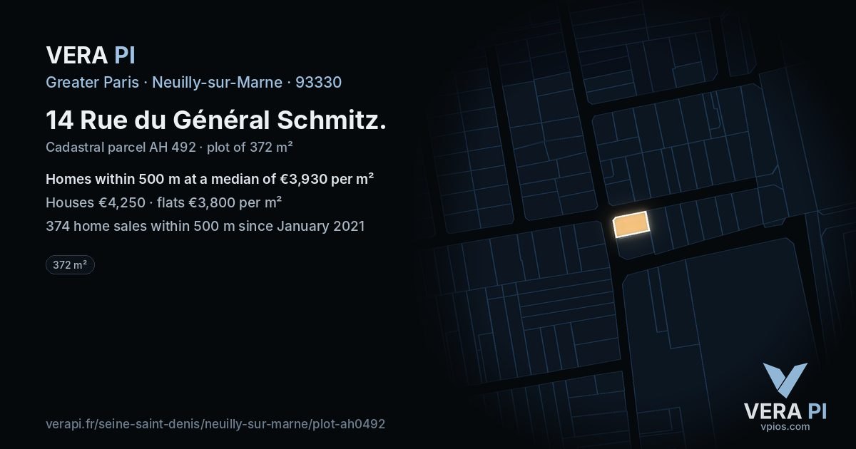 14 Rue du Général Schmitz, Neuilly-sur-Marne at night – the plot lit, the parcels around coloured by the prices near them