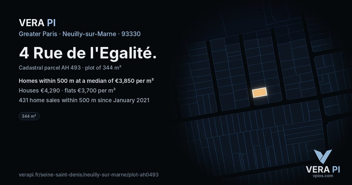 4 Rue de l'Egalité, Neuilly-sur-Marne at night – the plot lit, the parcels around coloured by the prices near them