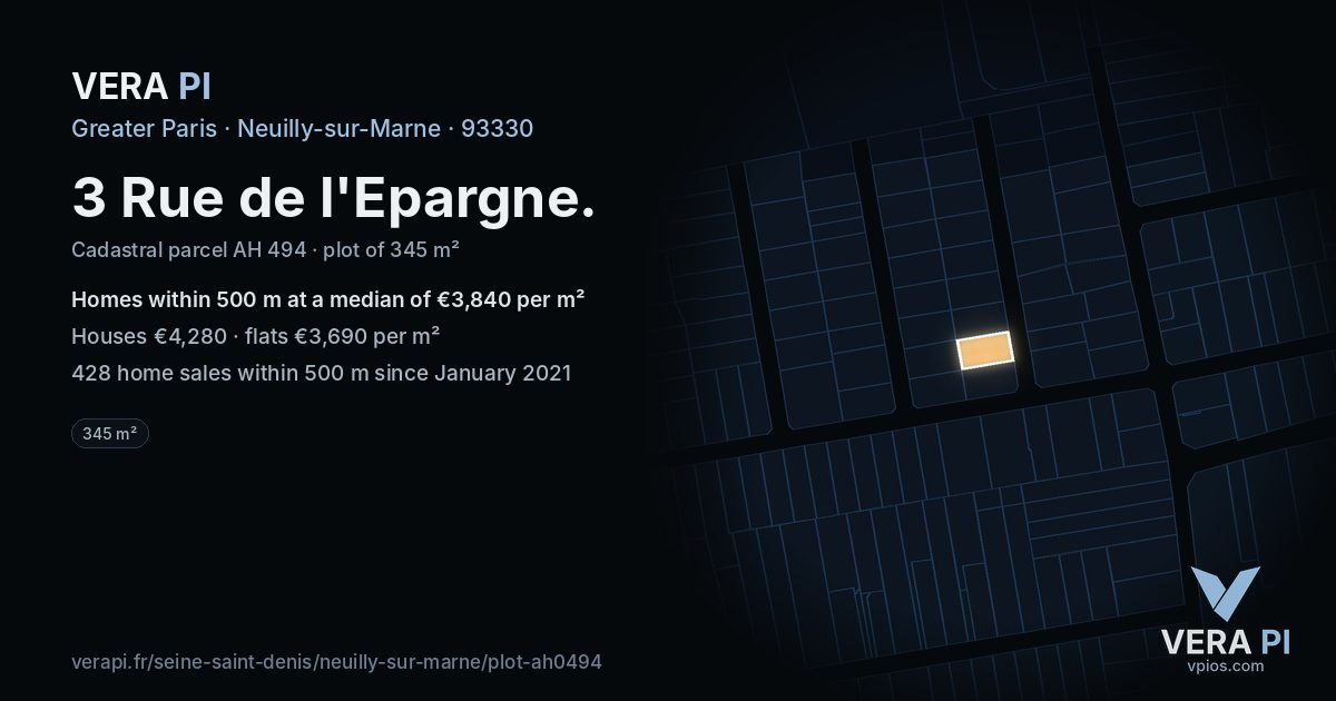 3 Rue de l'Epargne, Neuilly-sur-Marne at night – the plot lit, the parcels around coloured by the prices near them