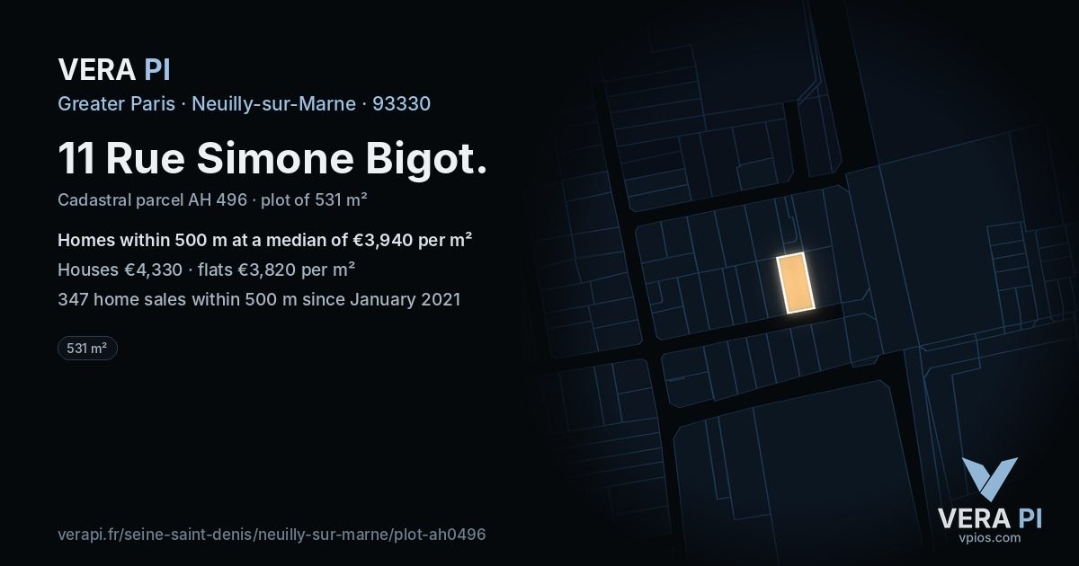 11 Rue Simone Bigot, Neuilly-sur-Marne at night – the plot lit, the parcels around coloured by the prices near them