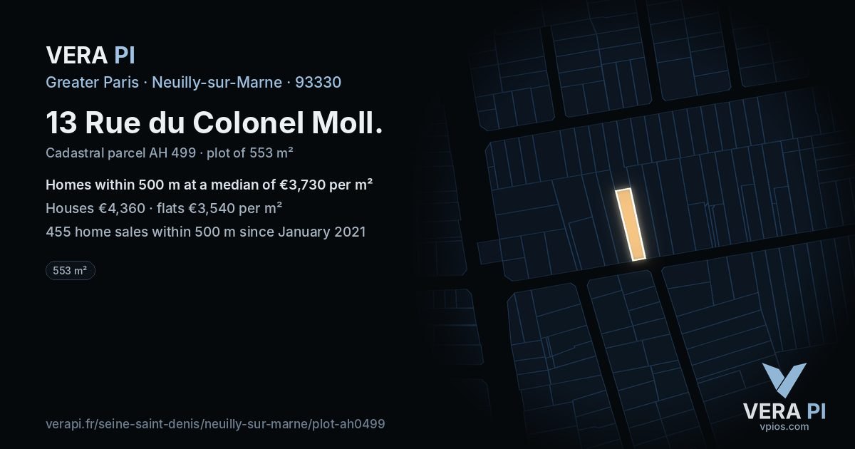 13 Rue du Colonel Moll, Neuilly-sur-Marne at night – the plot lit, the parcels around coloured by the prices near them