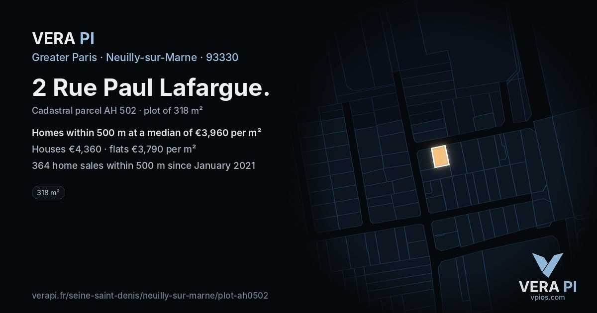 2 Rue Paul Lafargue, Neuilly-sur-Marne at night – the plot lit, the parcels around coloured by the prices near them