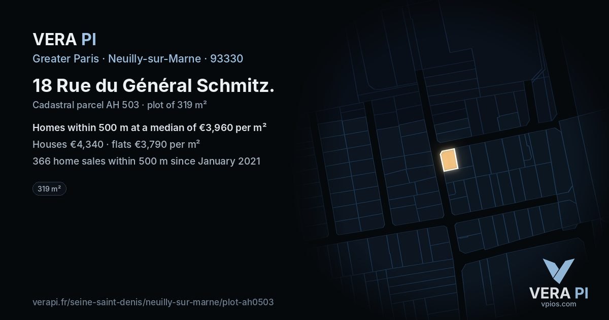 18 Rue du Général Schmitz, Neuilly-sur-Marne at night – the plot lit, the parcels around coloured by the prices near them