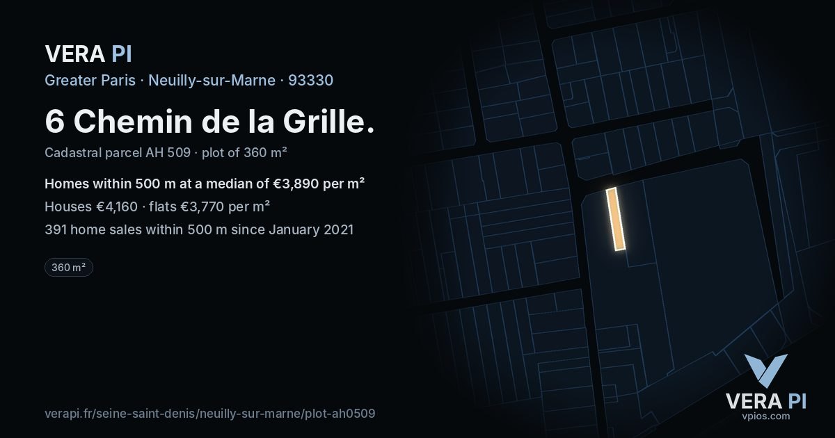 6 Chemin de la Grille, Neuilly-sur-Marne at night – the plot lit, the parcels around coloured by the prices near them