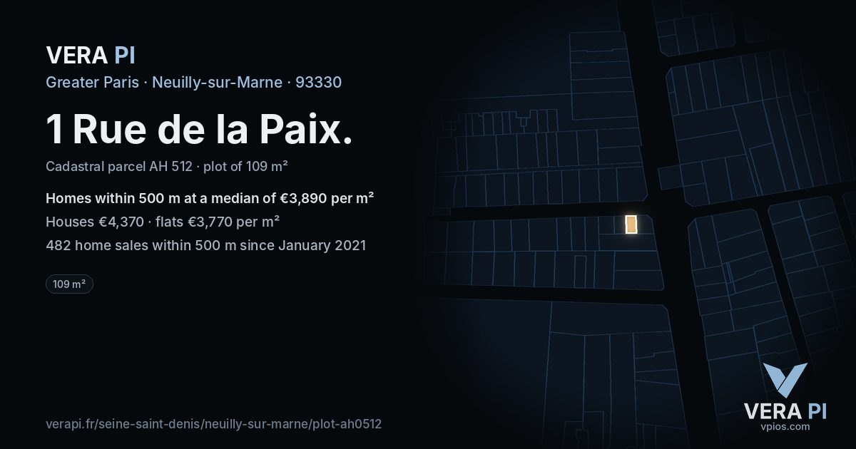 1 Rue de la Paix, Neuilly-sur-Marne at night – the plot lit, the parcels around coloured by the prices near them