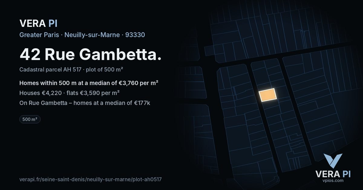 42 Rue Gambetta, Neuilly-sur-Marne at night – the plot lit, the parcels around coloured by the prices near them