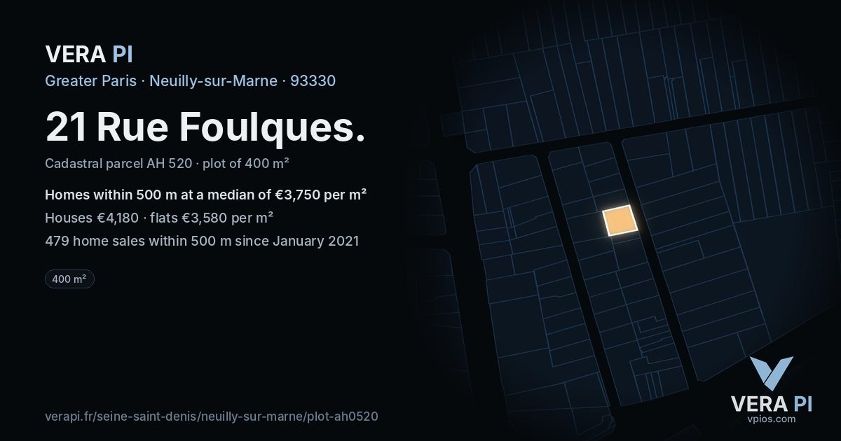 21 Rue Foulques, Neuilly-sur-Marne at night – the plot lit, the parcels around coloured by the prices near them