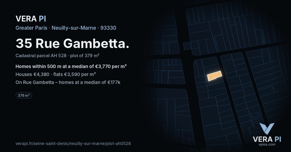 35 Rue Gambetta, Neuilly-sur-Marne at night – the plot lit, the parcels around coloured by the prices near them