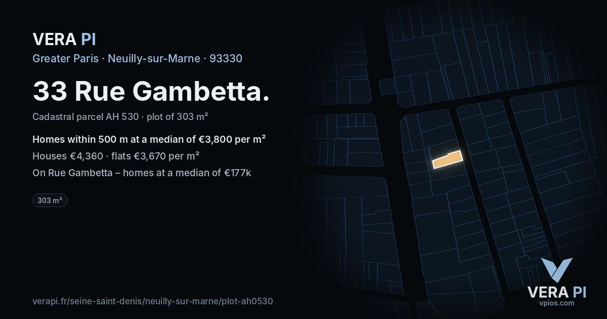33 Rue Gambetta, Neuilly-sur-Marne at night – the plot lit, the parcels around coloured by the prices near them