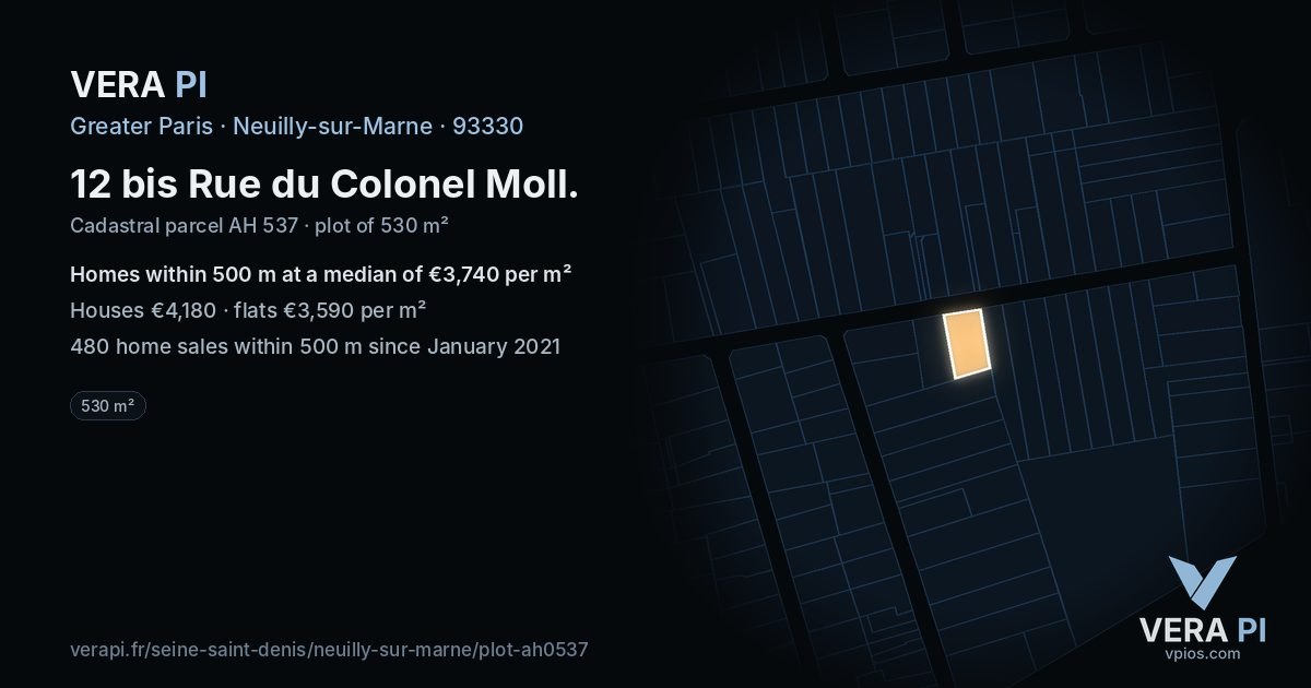12 bis Rue du Colonel Moll, Neuilly-sur-Marne at night – the plot lit, the parcels around coloured by the prices near them