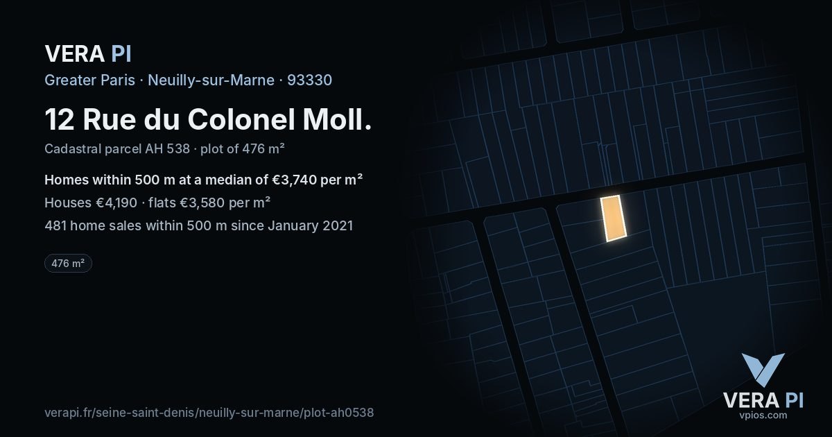 12 Rue du Colonel Moll, Neuilly-sur-Marne at night – the plot lit, the parcels around coloured by the prices near them