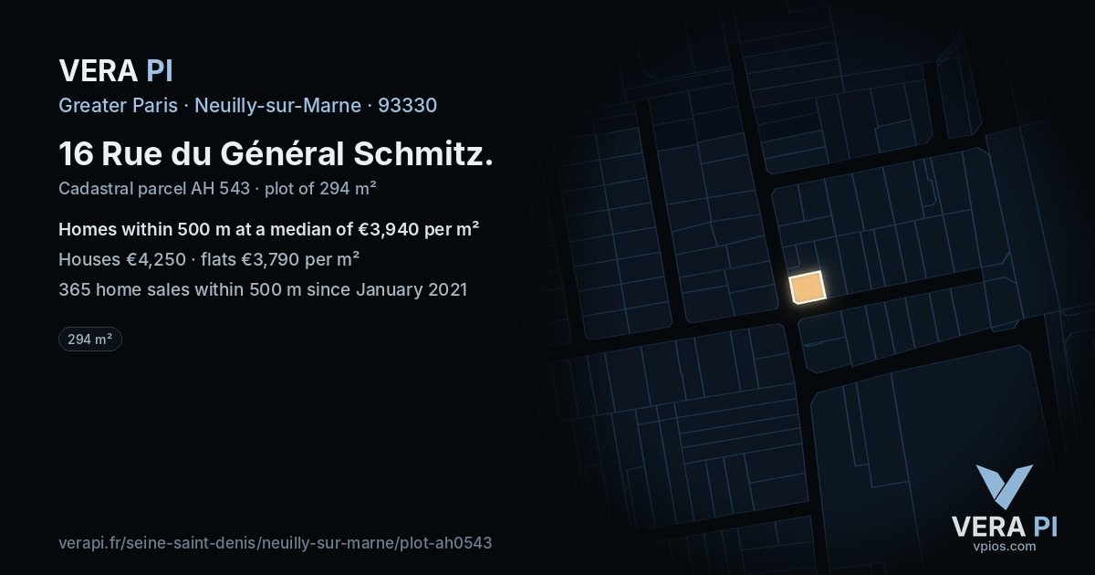 16 Rue du Général Schmitz, Neuilly-sur-Marne at night – the plot lit, the parcels around coloured by the prices near them
