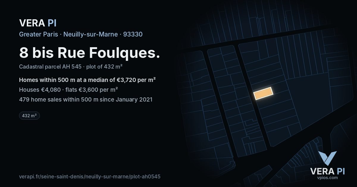 8 bis Rue Foulques, Neuilly-sur-Marne at night – the plot lit, the parcels around coloured by the prices near them