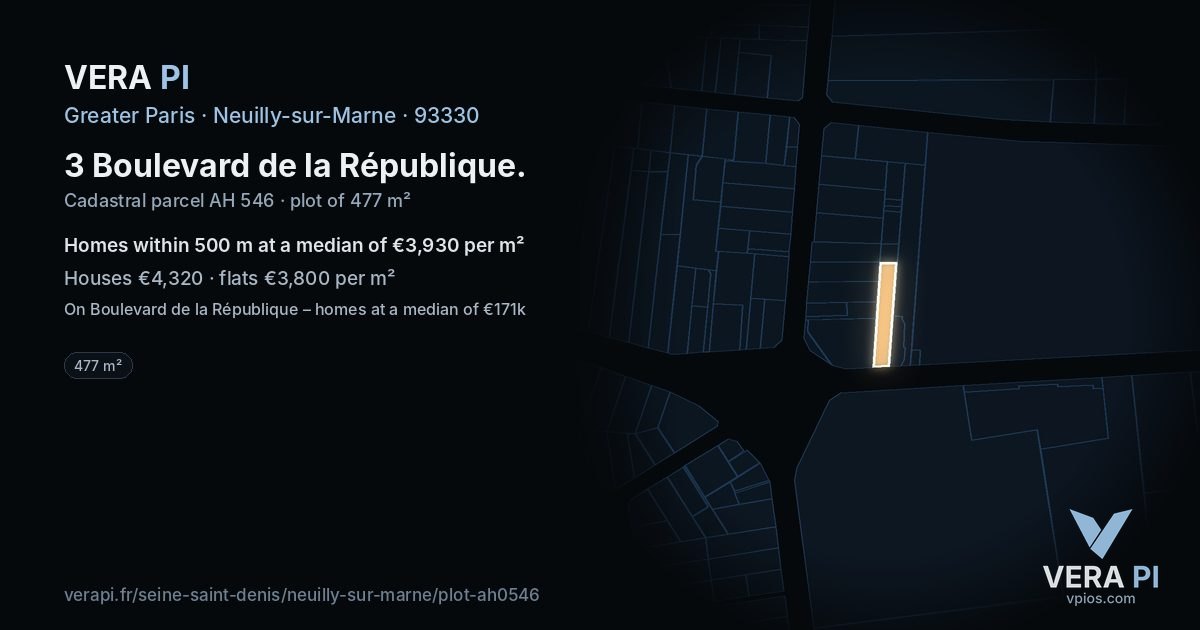 3 Boulevard de la République, Neuilly-sur-Marne at night – the plot lit, the parcels around coloured by the prices near them