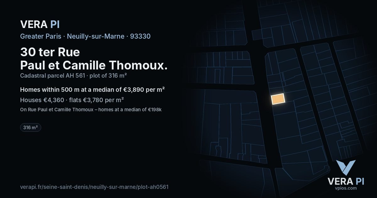 30 ter Rue Paul et Camille Thomoux, Neuilly-sur-Marne at night – the plot lit, the parcels around coloured by the prices near them