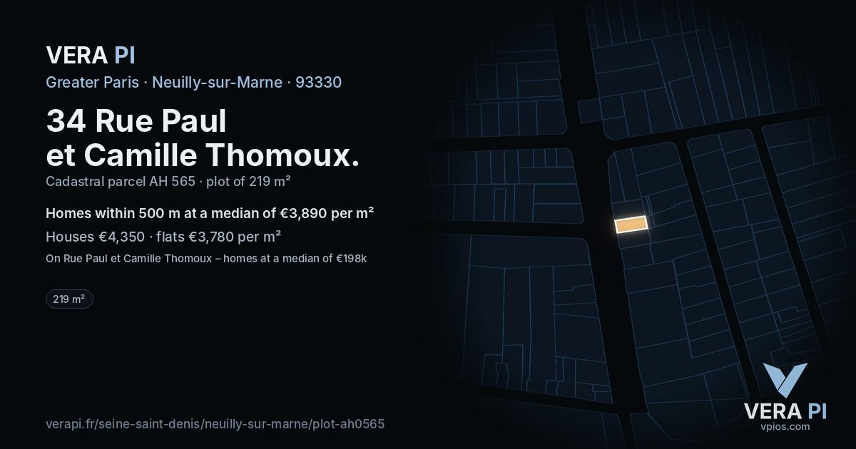 34 Rue Paul et Camille Thomoux, Neuilly-sur-Marne at night – the plot lit, the parcels around coloured by the prices near them