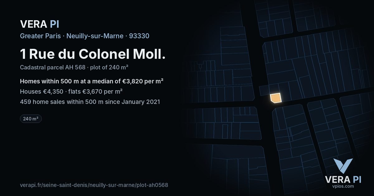 1 Rue du Colonel Moll, Neuilly-sur-Marne at night – the plot lit, the parcels around coloured by the prices near them