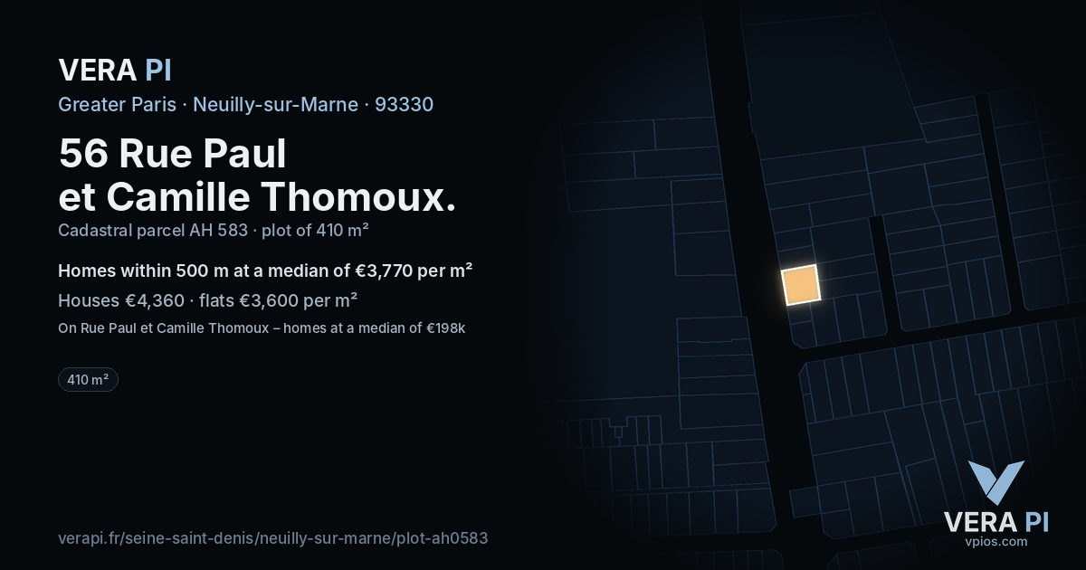56 Rue Paul et Camille Thomoux, Neuilly-sur-Marne at night – the plot lit, the parcels around coloured by the prices near them