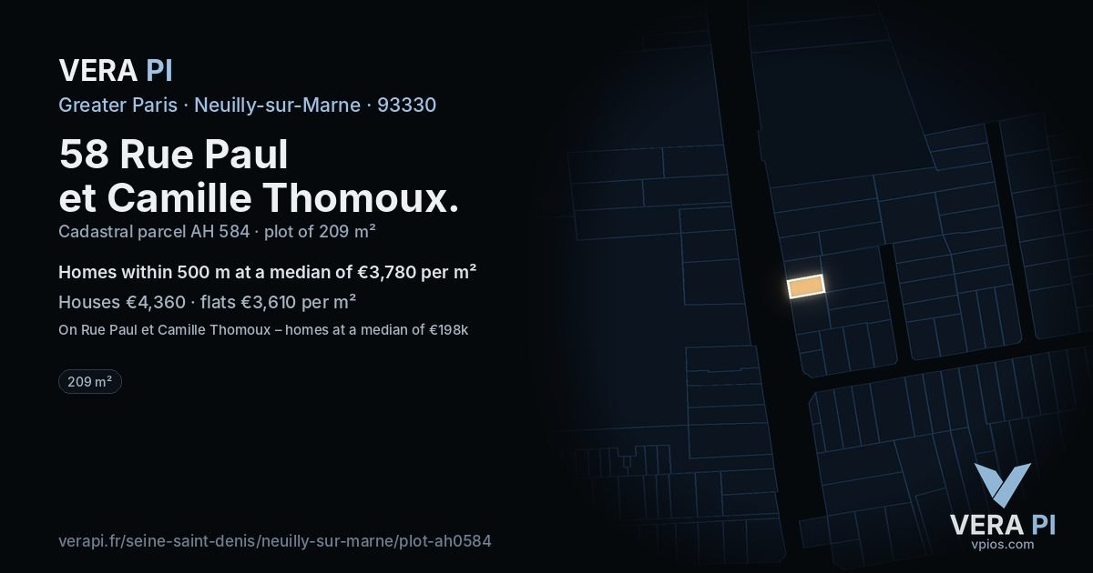 58 Rue Paul et Camille Thomoux, Neuilly-sur-Marne at night – the plot lit, the parcels around coloured by the prices near them