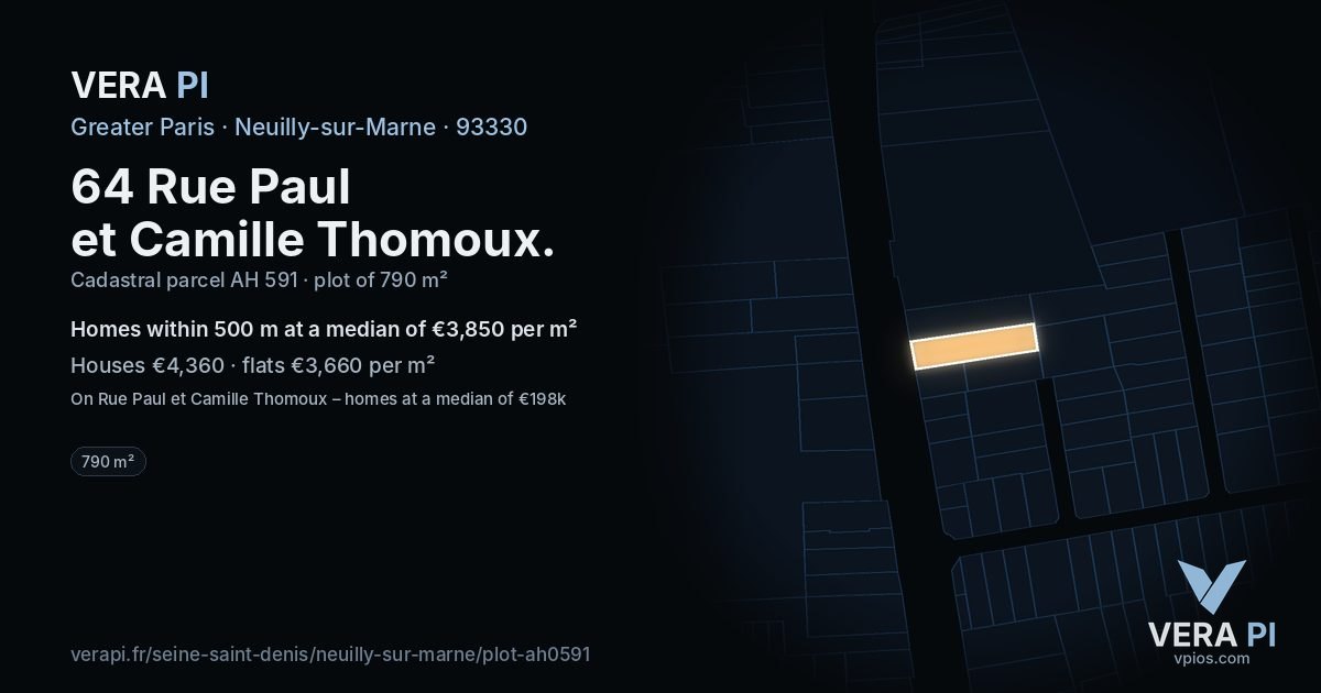 64 Rue Paul et Camille Thomoux, Neuilly-sur-Marne at night – the plot lit, the parcels around coloured by the prices near them