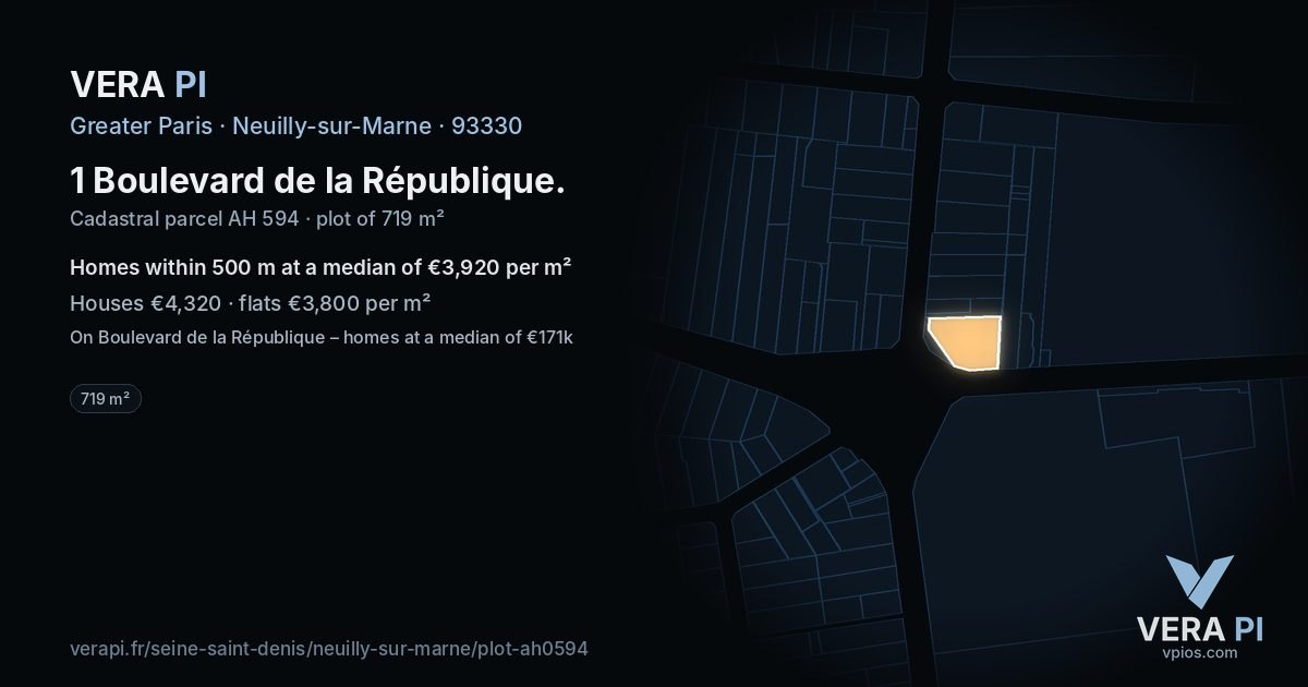 1 Boulevard de la République, Neuilly-sur-Marne at night – the plot lit, the parcels around coloured by the prices near them