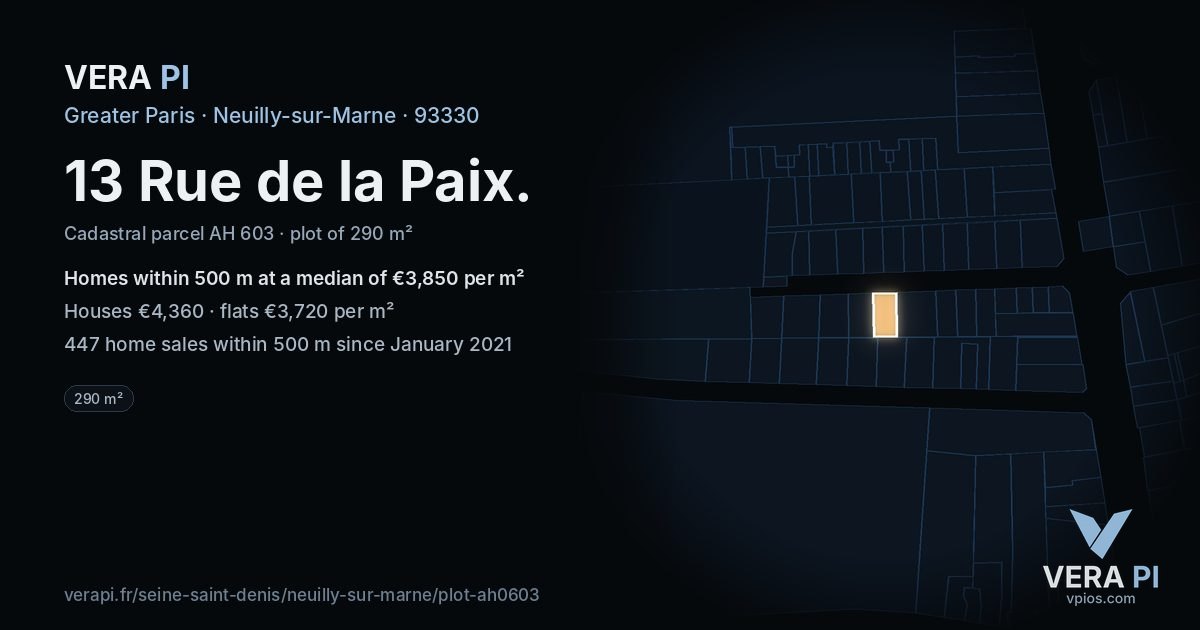 13 Rue de la Paix, Neuilly-sur-Marne at night – the plot lit, the parcels around coloured by the prices near them