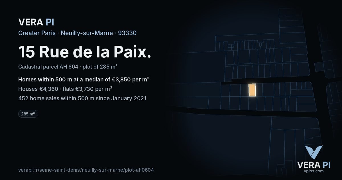 15 Rue de la Paix, Neuilly-sur-Marne at night – the plot lit, the parcels around coloured by the prices near them
