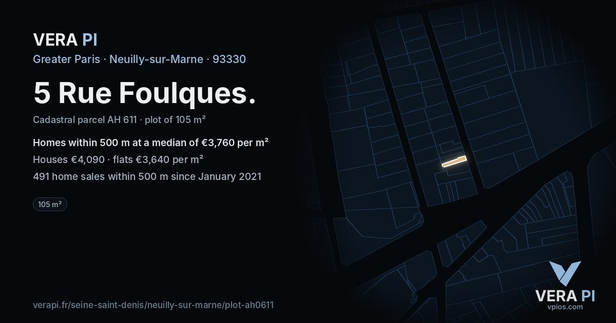 5 Rue Foulques, Neuilly-sur-Marne at night – the plot lit, the parcels around coloured by the prices near them