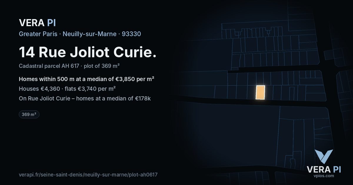 14 Rue Joliot Curie, Neuilly-sur-Marne at night – the plot lit, the parcels around coloured by the prices near them