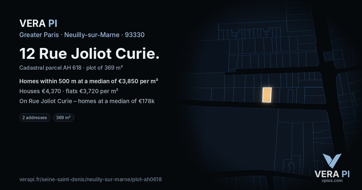 12 Rue Joliot Curie, Neuilly-sur-Marne at night – the plot lit, the parcels around coloured by the prices near them