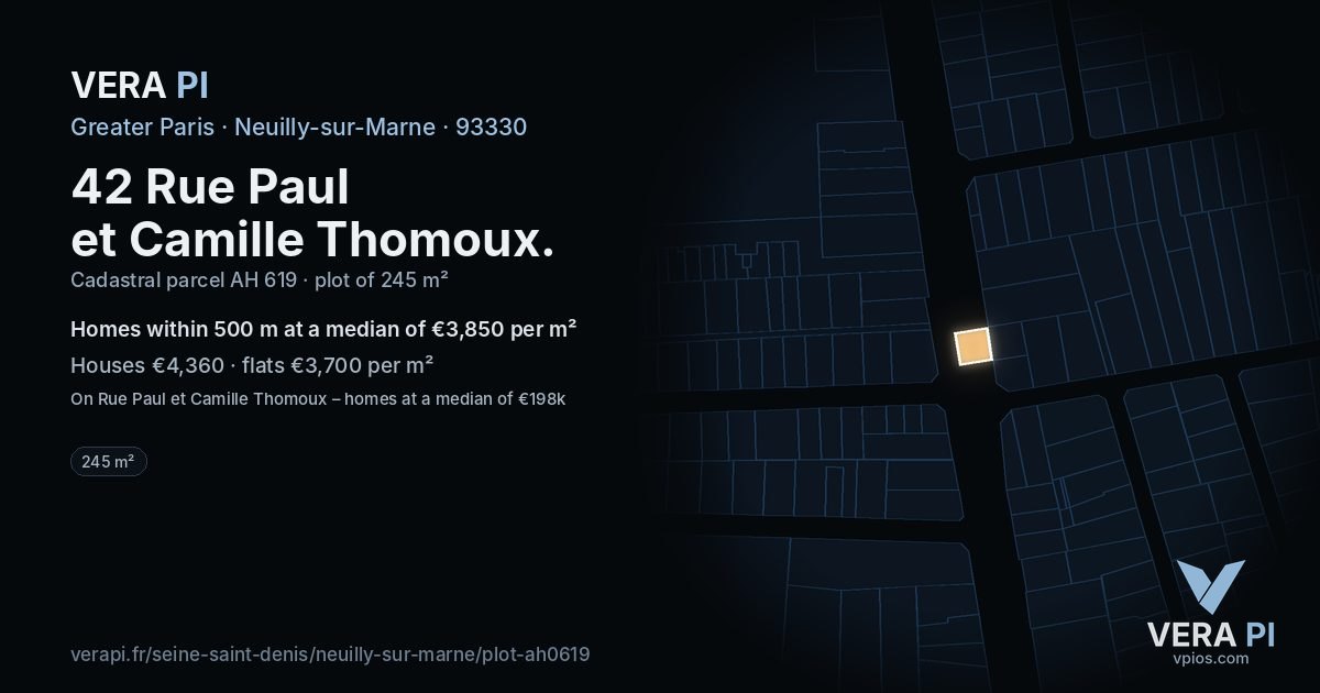 42 Rue Paul et Camille Thomoux, Neuilly-sur-Marne at night – the plot lit, the parcels around coloured by the prices near them