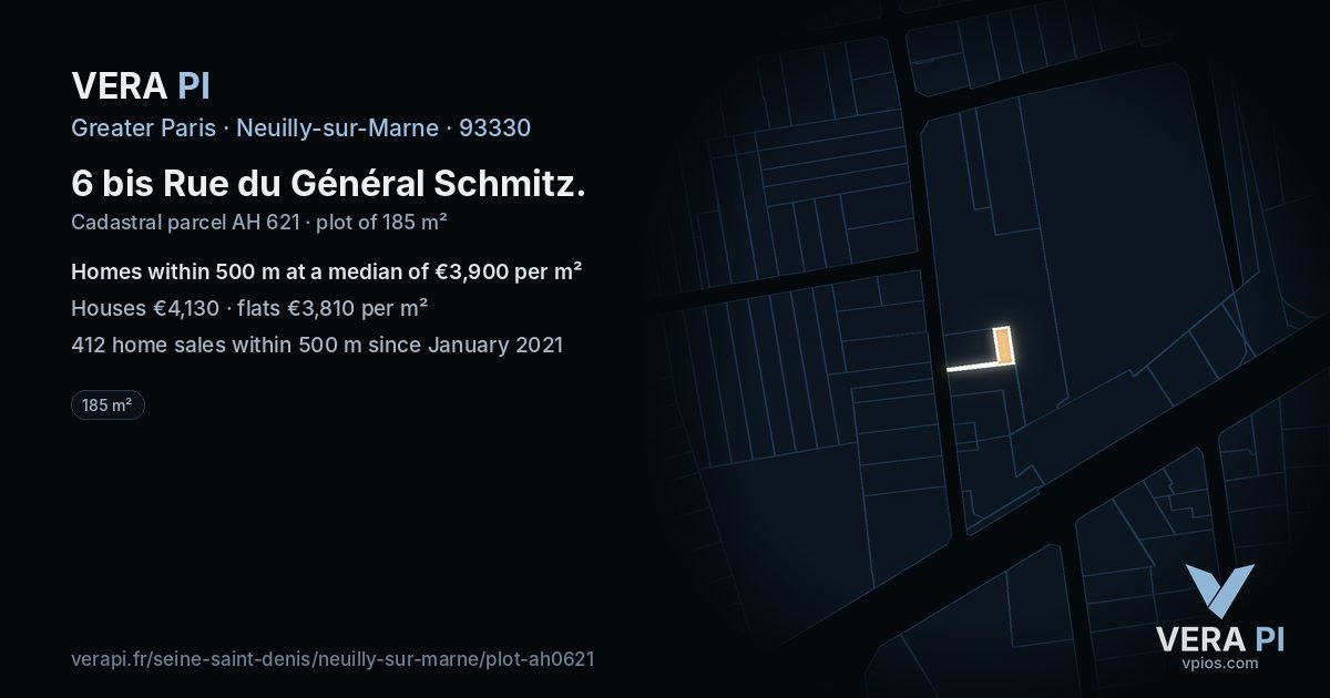 6 bis Rue du Général Schmitz, Neuilly-sur-Marne at night – the plot lit, the parcels around coloured by the prices near them